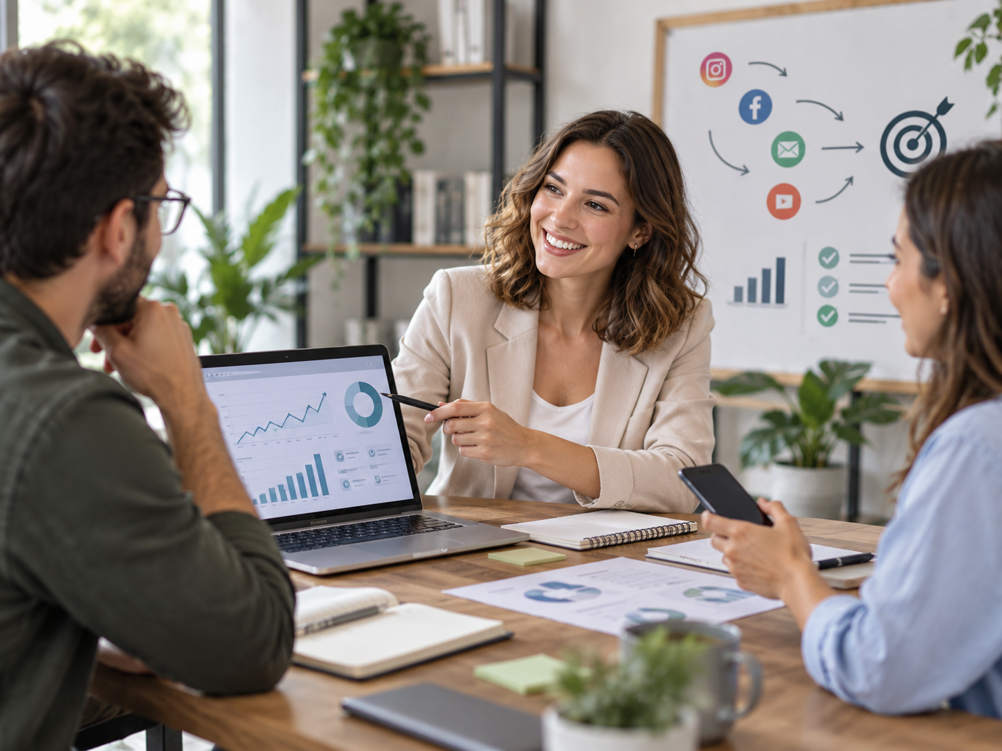 Equipe planejando estratégia de marketing digital e analisando indicadores